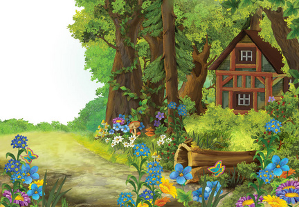 半藏森林藏在森林里的木制旧传统房子的卡通风光照片