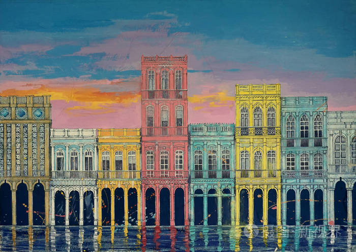 原创艺术, 建筑水彩画, 日落背景下的城市房屋, 古巴哈瓦那