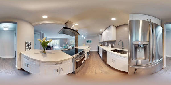 3d 插画球面360度, 现代演播室公寓白色紧凑厨房无缝全景