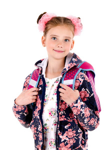 微笑快乐学校女孩的肖像与书包背包隔离在一个白色的背景教育概念