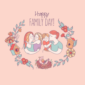 幸福的家庭。国际家庭日的矢量插图。幸福的父母和他们的孩子。镶着花和树枝。花, 鸟, 鸟笼