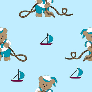 欢快的卡通熊水手在绳子上打结。儿童矢量无缝插图