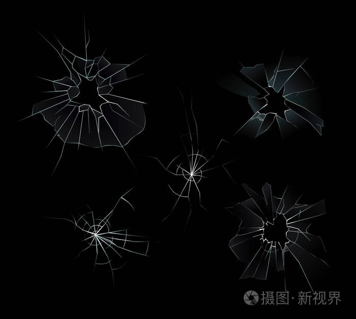 带裂纹和孔的破碎玻璃集的矢量插图集, 黑色背景上的不同划痕