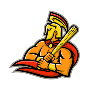 吉祥物图标插图的特洛伊木马或斯巴达战士的头戴着头盔, 并持有一个棒球蝙蝠从侧面看着在复古风格的孤立背景
