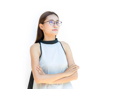 美丽的女人上 Bespectacled 的白色孤立