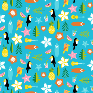 夏威夷模式与 tucans，鹦鹉，叶子和冲浪