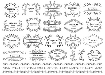 书法设计元素。装饰的漩涡或卷轴, 复古的框架, 繁荣, 标签和分隔。复古矢量插图