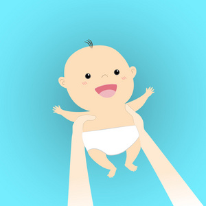 护理顶上抱着可爱的卡通婴儿在手顶上照片