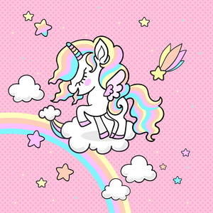 可爱的小彩虹独角兽在粉红色背景与圆点.设计的矢量插图照片