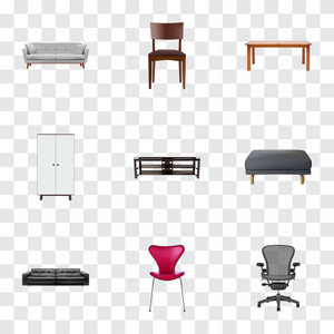 一套设计逼真的符号与办公椅, 桌子, 家具和其他图标为您的 web 移动应用程序徽标设计