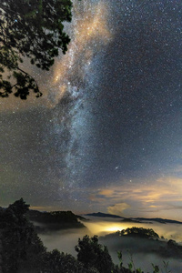 在农村高地的天空中的银河的夜晚景观