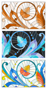 插图的彩色玻璃与抽象漩涡和鲜花，水平方向的一组