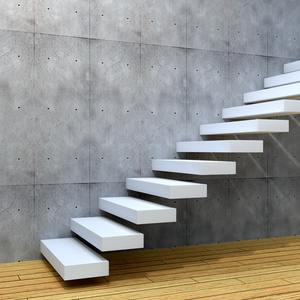 概念或概念的白色石头或混凝土楼梯或附近与木地板的背景墙上的步骤