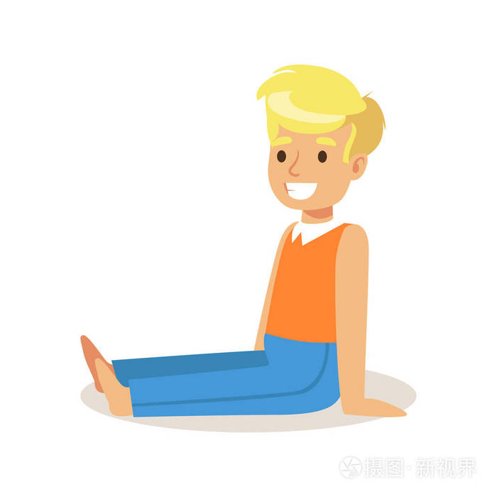 插画 可爱的微笑的男孩,坐在地板上.姹紫嫣红的卡通人物矢量图.eps