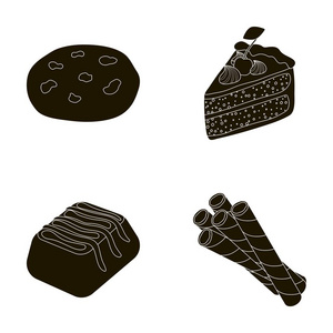 美国的曲奇饼，一块蛋糕 糖果 硅片小管。巧克力甜品中的黑色风格矢量符号股票图 web 设置集合图标