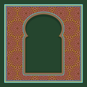 图案的拱形窗框在东方传统风格。贺卡设计彩饰