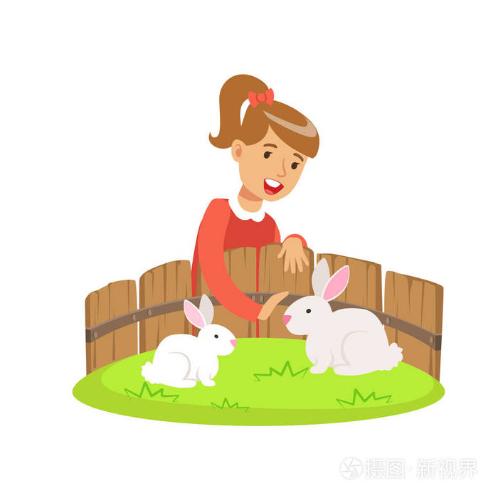 微笑小女孩抚摸两只白兔在迷你动物园里.姹紫嫣红的卡通人物矢量图