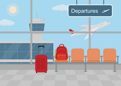 带椅子,信息面板和行李的候诊室.平面样式, 矢量插图照片