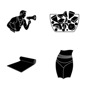 私人教练，水果沙拉，垫，女性的腰部。Fitnes 中的黑色风格矢量符号股票图 web 设置集合图标