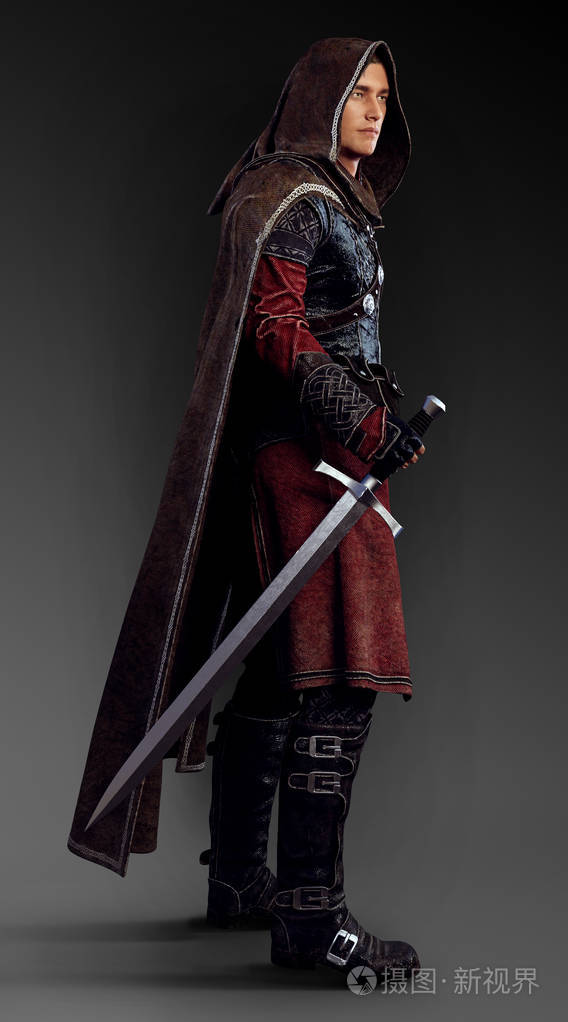 梦幻男猎人的 cgi 例证在皮革盔甲用敞篷和剑