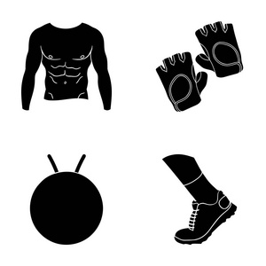 男装躯干，体操手套，跳球，运动鞋。Fitnes 中的黑色风格矢量符号股票图 web 设置集合图标