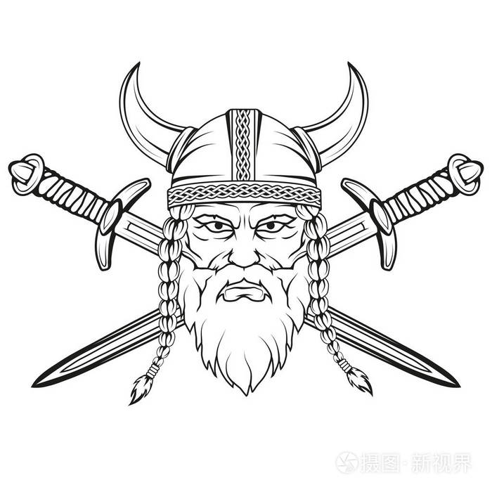 海盗.手画的一个维京人在头盔与装饰.用传统武器绘制维京头像.