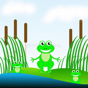池塘绿草上三只有趣的绿青蛙