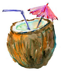 椰子鸡尾酒，水彩插图