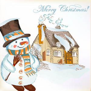 圣诞背景，手绘雪人和小房子
