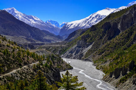 以山峰为背景的喜马拉雅山脉河谷