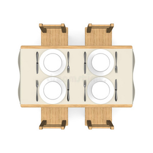木制餐桌上的餐具顶视图插画