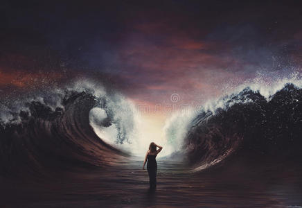 海洋摩西走过分开的海的女人.照片