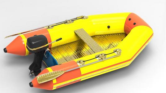 橡胶摩托艇救援船在船甲板上机动船小型橡胶机动船, 清晨的小船救生艇