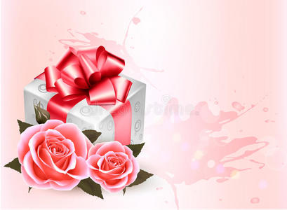 带粉红玫瑰和礼品盒的节日背景。