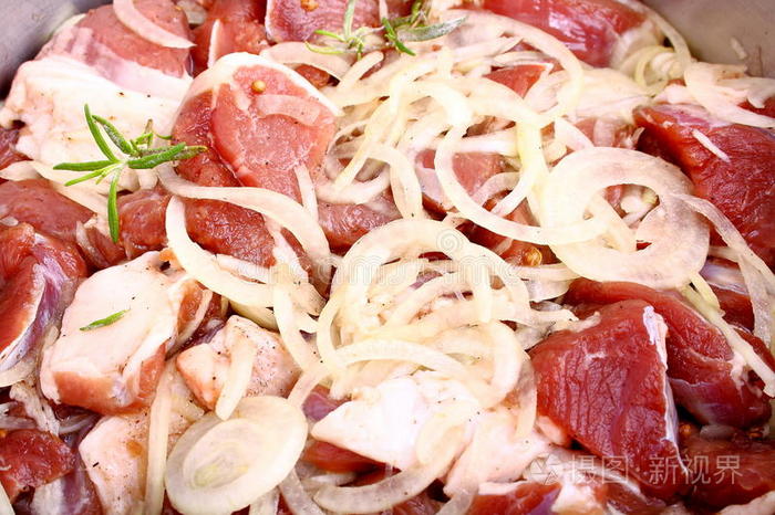 洋葱香料和香草腌羊肉
