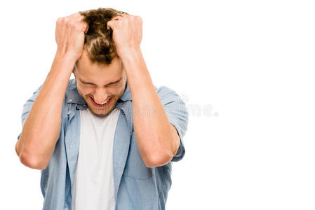 压力大的男人心烦意乱的白色背景照片