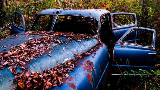 被落叶覆盖的生锈的废弃汽车