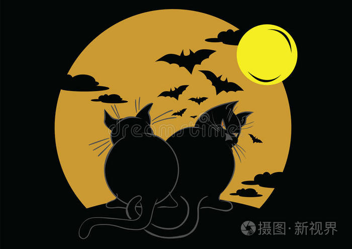 两只带蝙蝠和月亮的黑猫