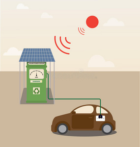 电动汽车在太阳能发电站充电卡通有趣的犀牛摆姿势犀牛卡通插图电池