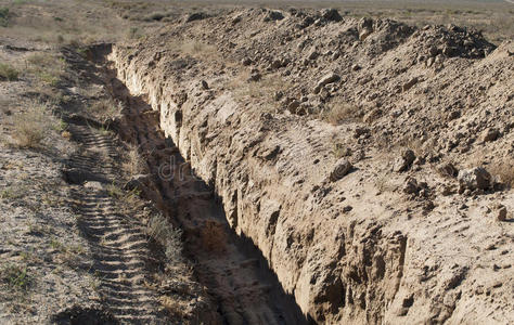鸡眼挖出为铺设管道而挖出的长土沟.照片