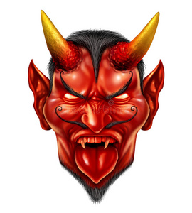 魔鬼恶魔放置关于红色的魔鬼角和光亮的天使光环隔离的向魔鬼三叉戟