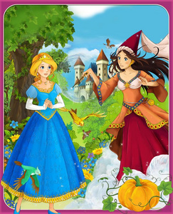 公主灰姑娘城堡骑士和仙女美丽的漫画女孩儿童插图