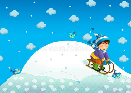 冬天坐在雪橇上的孩子