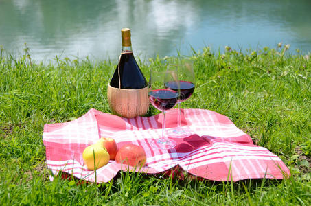 野餐时供应的葡萄酒和水果
