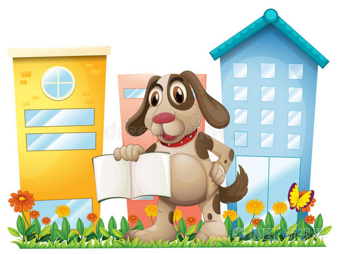 在高楼附近抱着一本空书的小狗插画-正版商用图片0p5xis-摄图新视界