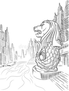 新加坡旅游地标-梅利昂素描新加坡梅利昂雕像和滨海湾金沙酒店葡萄牙