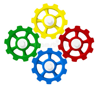 四个彩色齿轮同步照片