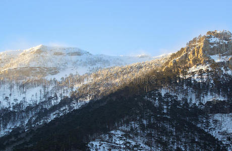 雾霭中的落日雪山