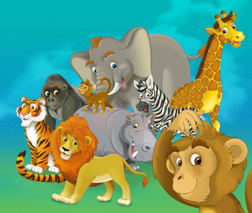 卡通热带或野生动物园-儿童插画孩子们比赛和指已提到的人兔子采用指