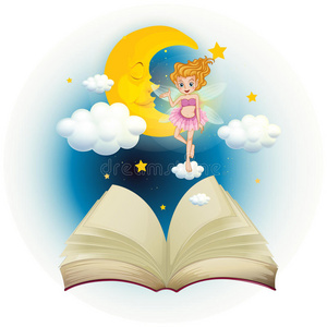 一本打开的书，里面有一个可爱的仙女和一个熟睡的月亮